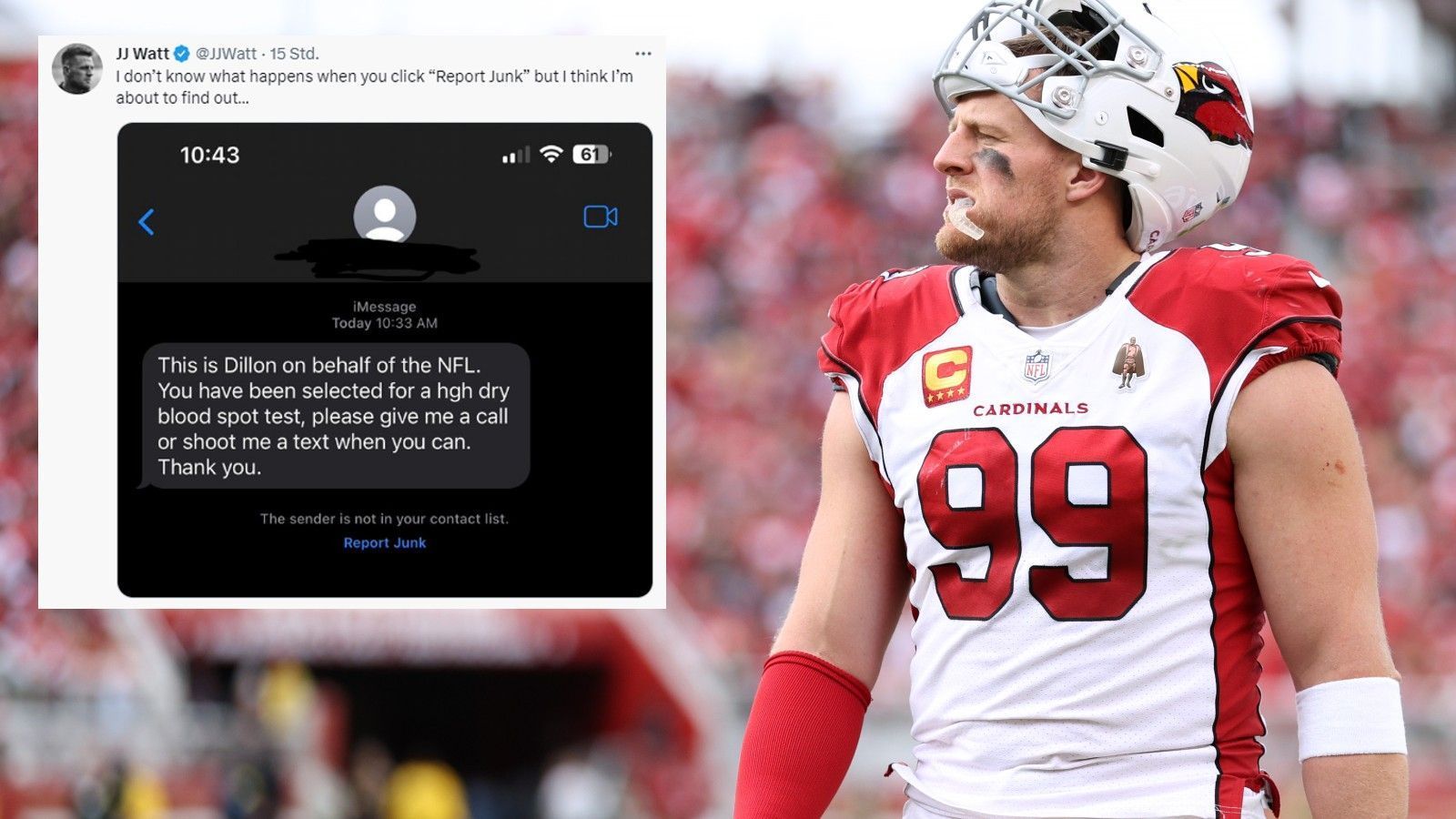 
                <strong>NFL bittet Ex-Cardinals-Star J.J. Watt zum Dopingtest – trotz Karriereende! </strong><br>
                Da hat die NFL wohl das Memo nicht bekommen: J.J. Watt, Ex-Pass-Rusher der Arizona Cardinals, wurde von der Liga zum Dopingtest gebeten – und das, obwohl der 33-Jährige gar nicht mehr in der NFL aktiv ist! "Ich weiß nicht was passiert, wenn man hier auf "Spam melden" klickt, aber ich denke, ich werde es gleich herausfinden", schrieb Watt auf "Twitter" zu einem Screenshot eines offiziellen NFL-Beauftragten, der ihn um eine Dopingkontrolle gebeten hat. Watt hatte im Dezember 2022 sein Karriereende zum Schluss der Saison 2022 bekannt gegeben. Sein letztes NFL-Spiel hatte der Defensive End am 8. Januar 2023 – am 18. und letzten Regular-Season-Spieltag – im Trikot der Arizona Cardinals gegen die San Francisco 49ers bestritten.
              