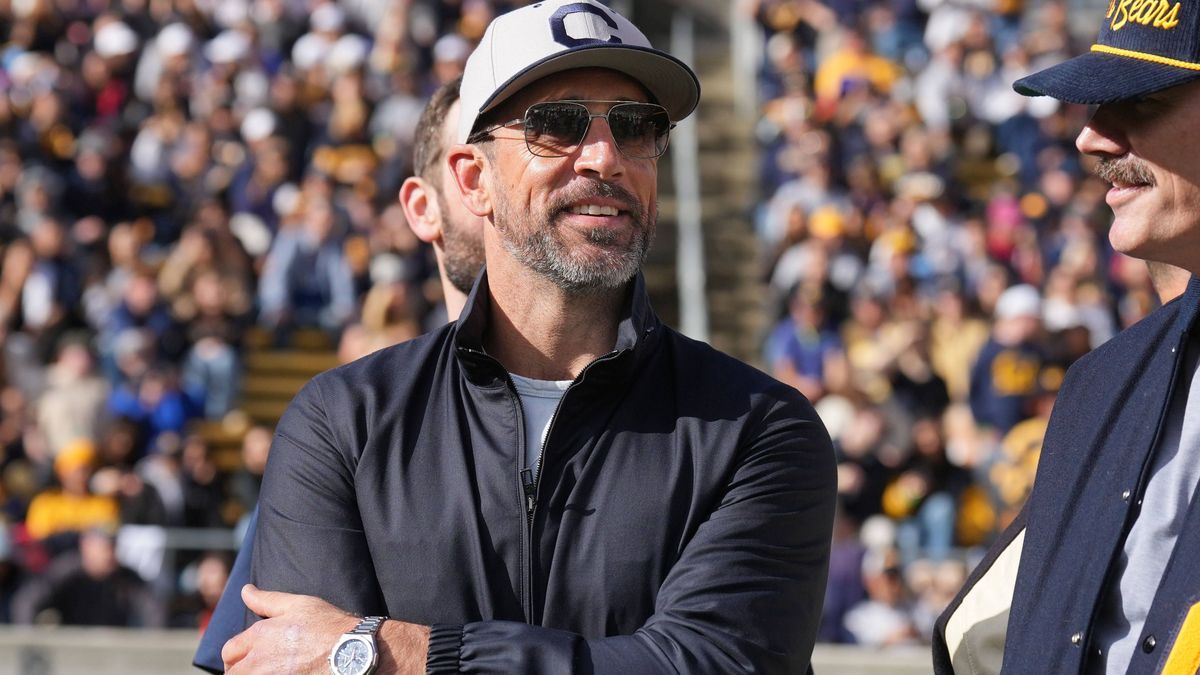 NCAA, College League, USA Football: Stanford at California Nov 23, 2024; Berkeley, California, USA; California Golden Bears former quarterback Aaron Rodgers stands on the field before the start of ...