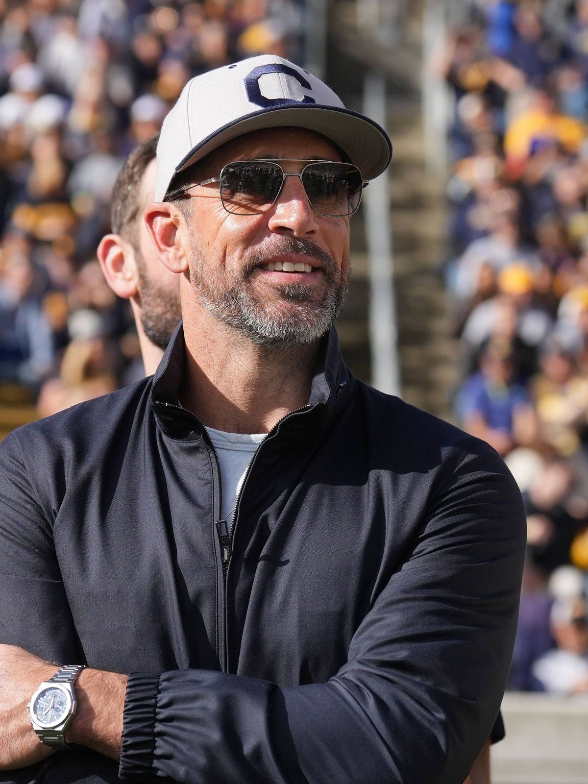 NCAA, College League, USA Football: Stanford at California Nov 23, 2024; Berkeley, California, USA; California Golden Bears former quarterback Aaron Rodgers stands on the field before the start of ...