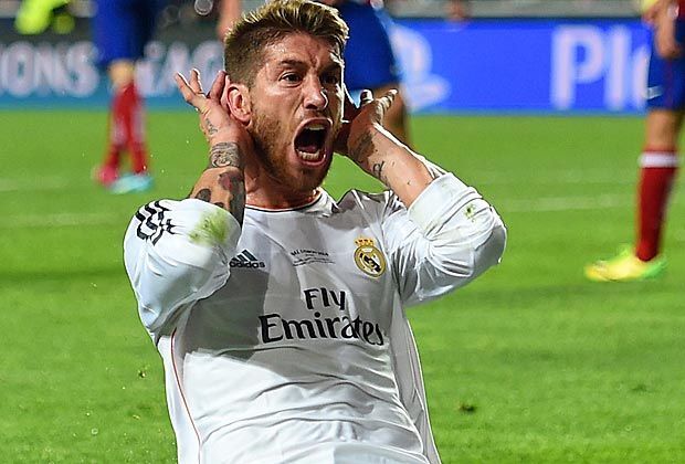 
                <strong>Champions-League-Finale: Real Madrid vs. Atletico Madrid</strong><br>
                Hört her, ich war es wieder: Kopfballungeheuer Sergio Ramos schreit seinen Jubel raus - schon im Halbfinal-Rückspiel beim FC Bayern traf der Nationalspieler zwei Mal per Kopf.
              