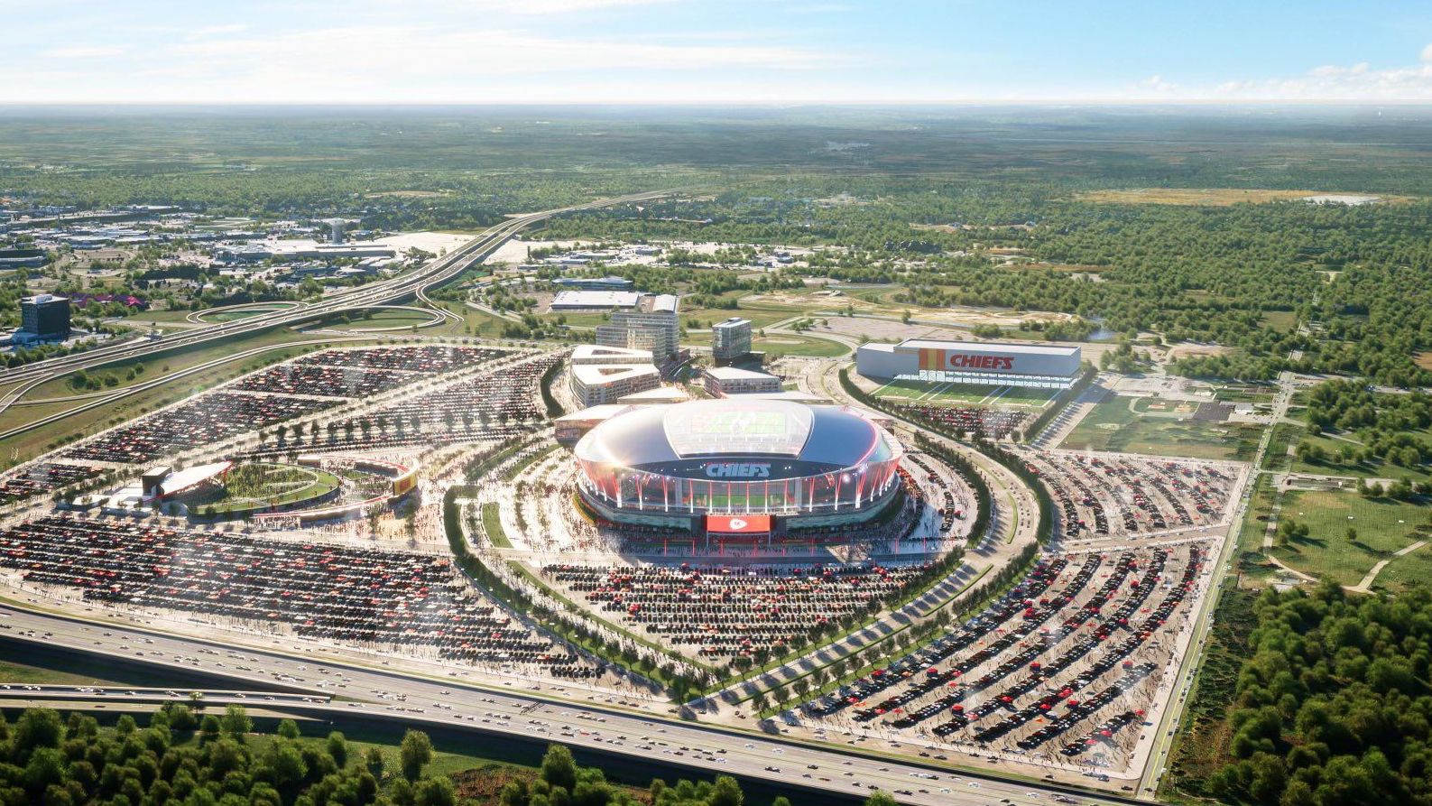 <strong>Kansas City Chiefs</strong><br>Weniger grün, dafür umso mehr Parkplätze. So sieht ein Konzept des neuen Chiefs-Stadions aus. Die abgerundete Kuppel mit Glasdach gibt erneut einen modern-cleanen Vibe.