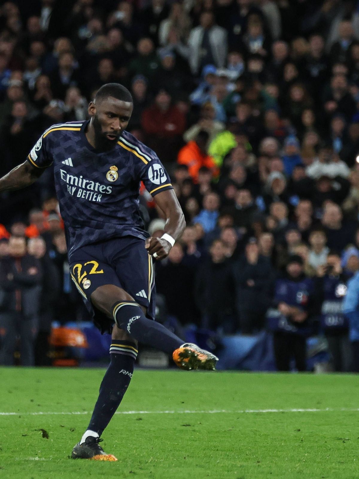 UEFA Champions League Quarter Final Manchester City v Real Madrid Antonio Rüdiger of Real Madrid scores a penalty to put Real Madrid through to the semi finals during the UEFA Champions League Quar...