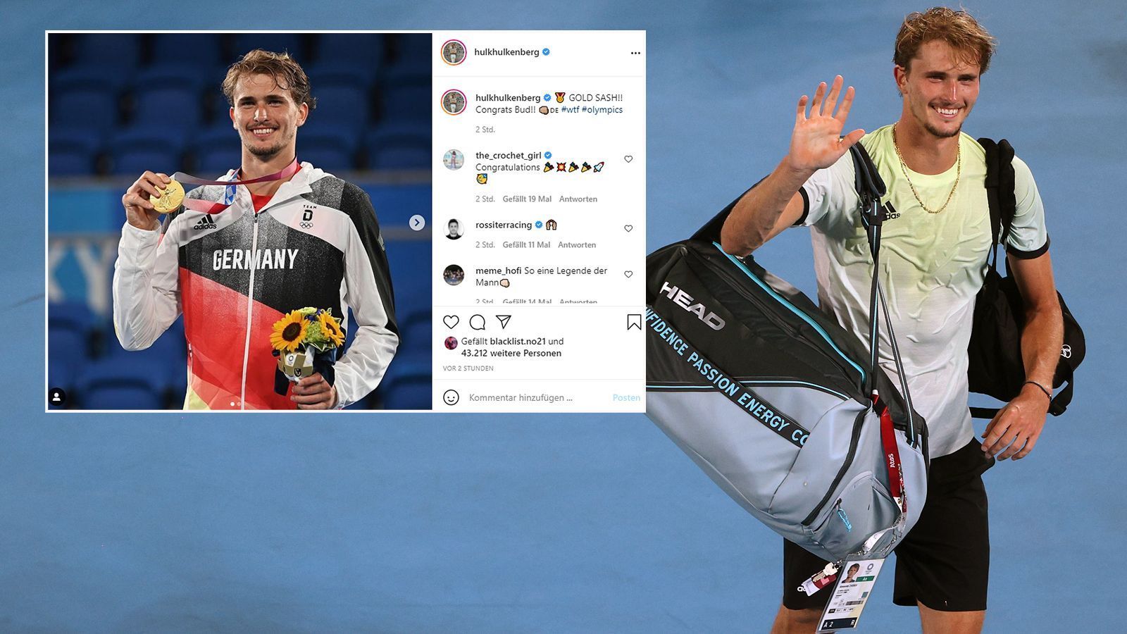 
                <strong>Nico Hülkenberg</strong><br>
                Ex-Formel-1-Pilot Nico Hülkenberg freut sich mit dem frischgebackenen Olympiasieger Zverev. "GOLD SASH!! Congrats Bud", schrieb der 33-Jährige auf seinem Instagram-Account. 
              
