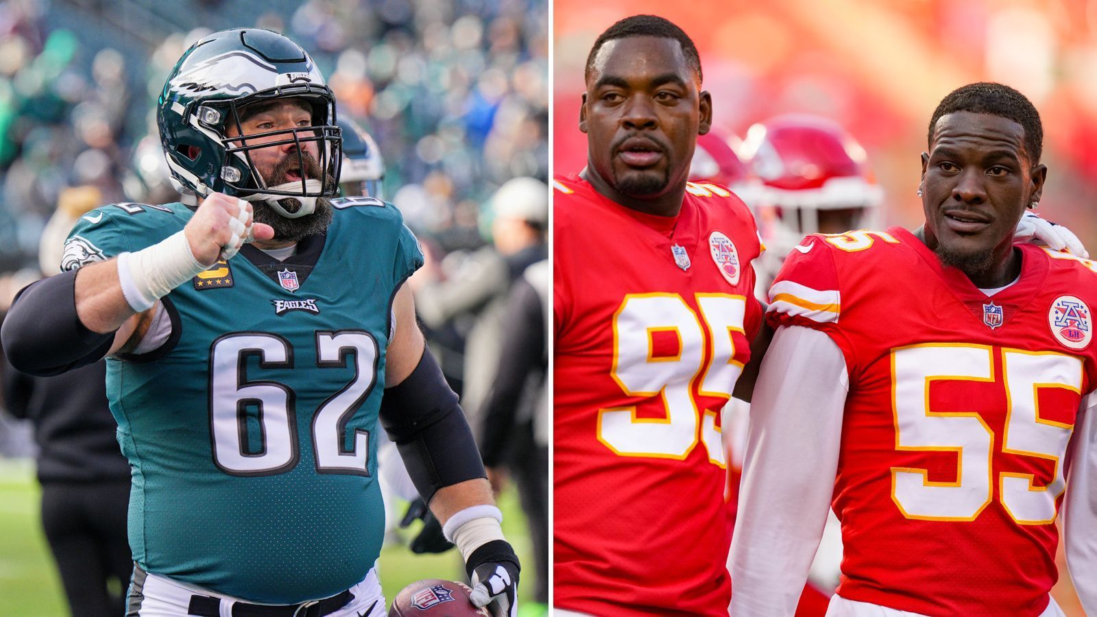 
                <strong>Jason Kelce vs. Chris Jones und Frank Clark</strong><br>
                Eagles-Center Jason Kelce steht stellvertretend für die Offensive Line von Philadelphia. Hält Kelce Stand, hat sein Quarterback Jalen Hurts genug Zeit, den Ball zu verteilen oder gar selbst zu laufen. Im Super Bowl wird es der sechsmalige Pro Bowler mit Hilfe seiner O-Line-Kollegen versuchen, das dynamischen Defense-Duo der Chiefs in Schach halten - Defensive Tackle Chris Jones und Defensive End Frank Clark könnten sonst der Albtraum von Super-Bowl-Neuling Hurts werden: Die beiden Pass Rusher kommen in der aktuellen Saison 2023 für die Chiefs zusammen auf 31 Tackle for Loss, 52 Quarterback-Hits und 24,5 Sacks in den bisherigen 19 Saisonspielen.
              