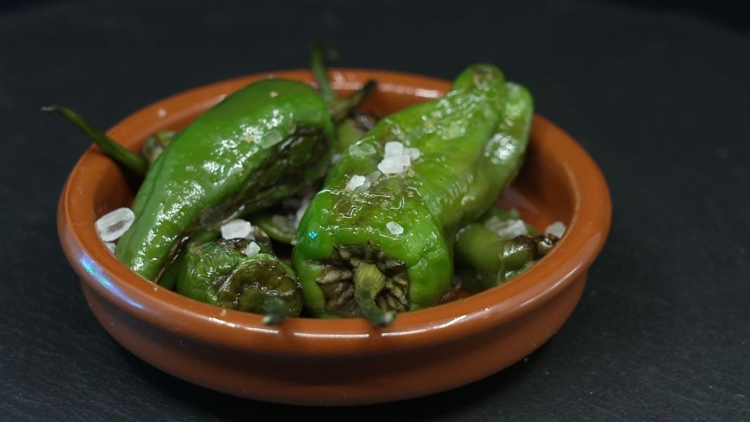Padron Paprikaschoten sind kleine, grüne spanische Paprikas und haben einen sehr milden Geschmack. Pimientos de Padrón ist ein typisch spanisches Gericht.
