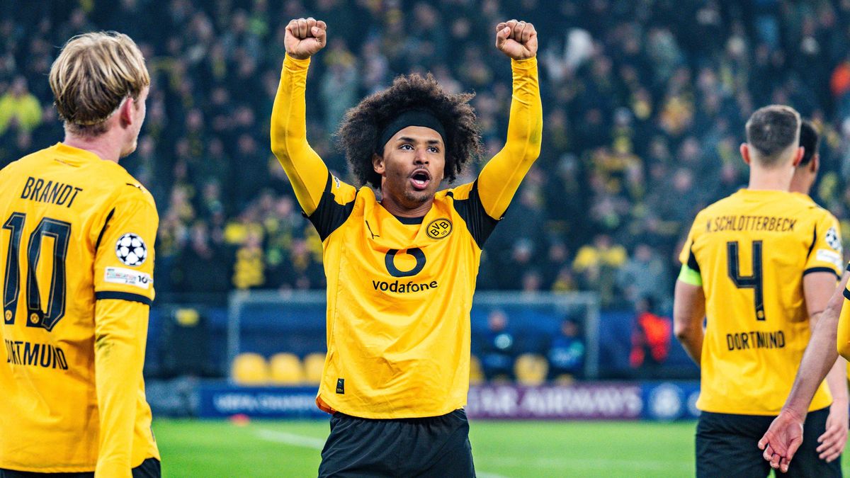 25.11.2025, Borussia Dortmund vs. Villareal, UEFA Champions League, 5. Spieltag Tor zum 3:0 durch Karim Adeyemi (Borussia Dortmund, 27) Julian Brandt (Borussia Dortmund, 10) Nico Schlotterbeck (Bor...