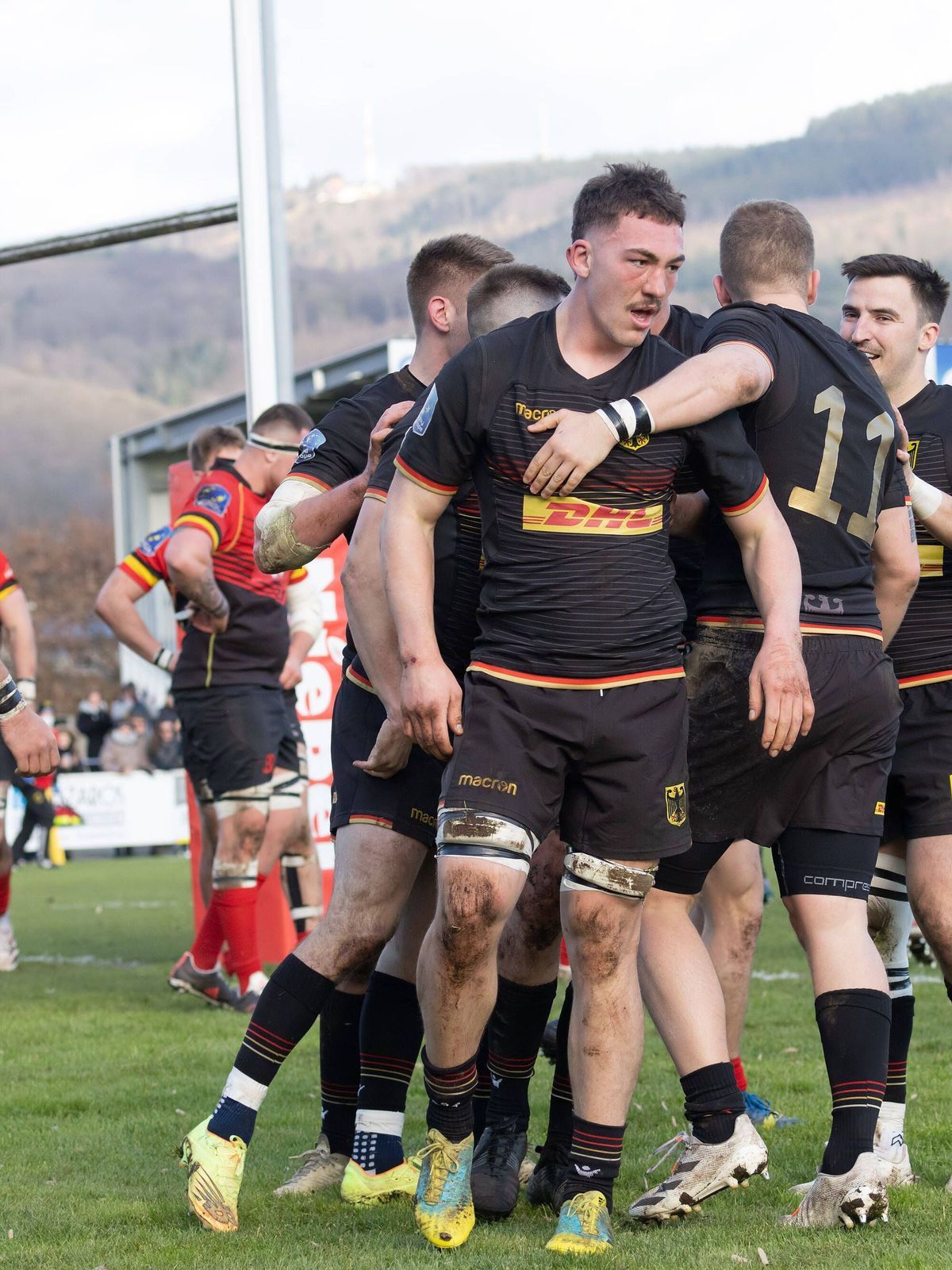 Deutschland - Belgien, Rugby-Europe-Trophy Jubel der deutschen Mannschaft nach dem Versuch von Justin Renc (Deutschland, 7). Von links: Niklas Hohl (Deutschland, 10), Robert Lehmann (Deutschland, 6...