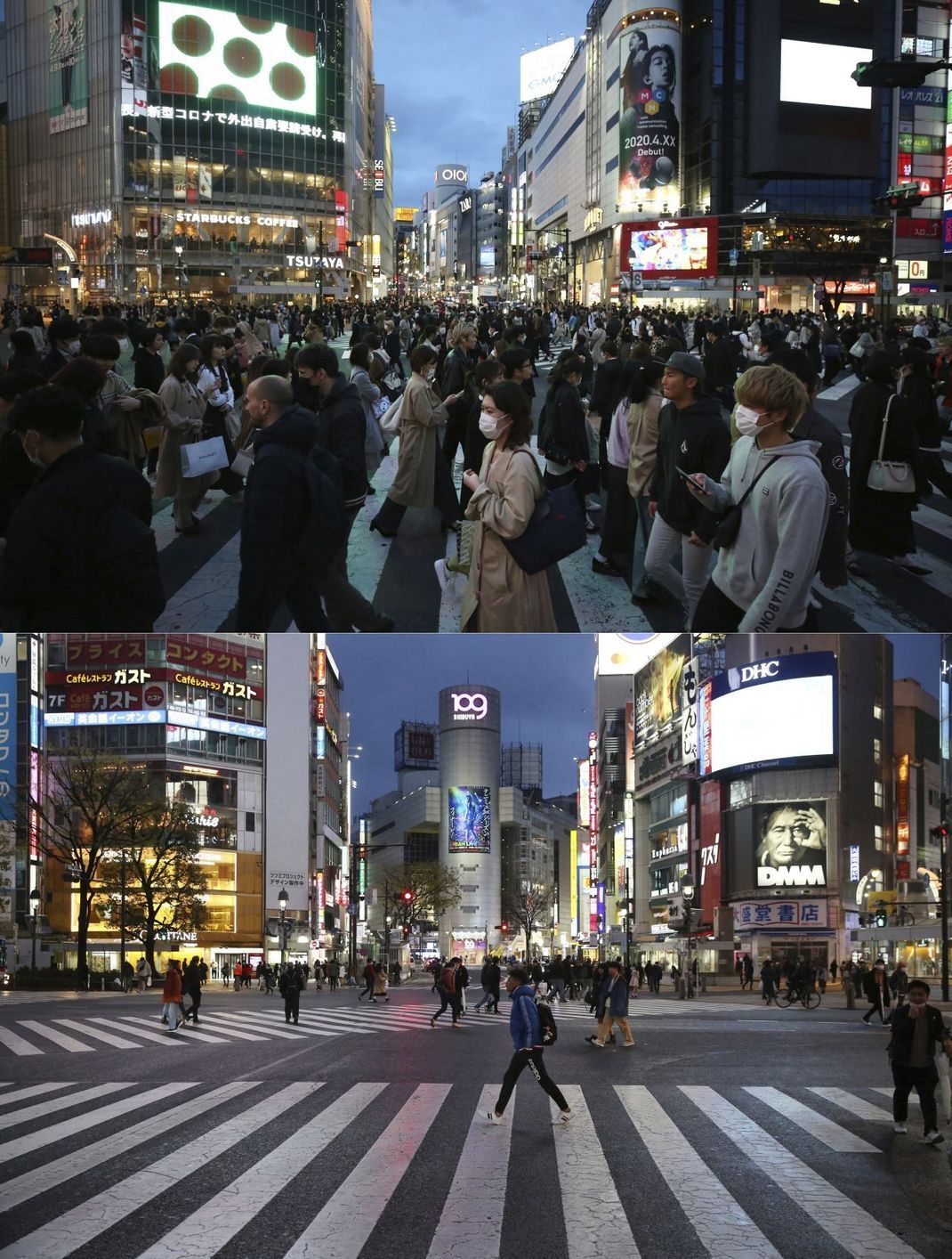 Rempelfreie Zone: Deutlich weniger Fußgänger als gewöhnlich gehen zur Zeit über die Shibuya-Kreuzung.