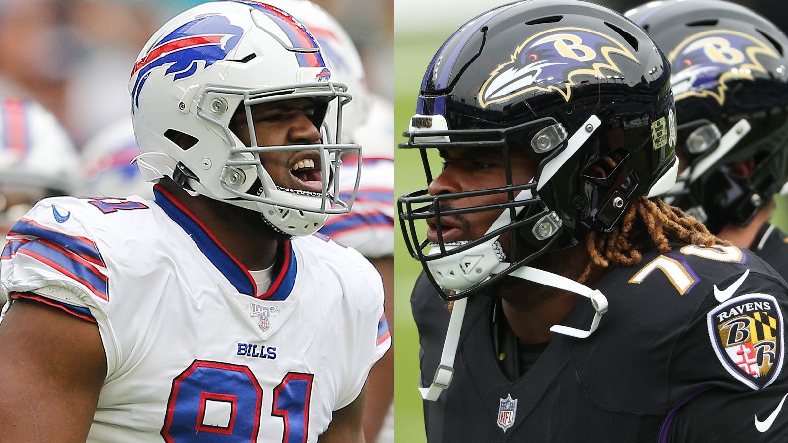 
                <strong>Ravens at Bills: Tyre Phillipps/D.J. Fluker vs. Ed Oliver/Quinton Jefferson</strong><br>
                Die Offensive Line der Baltimore Ravens trägt einen erheblichen Anteil an der starken zweiten Saisonhälfte und ermöglichte es dem Team, ein bärenstarkes Laufspiel aufzuziehen. In der Wild Card Round gegen die Titans, deren Defense nicht gerade bekannt dafür ist, viel Druck auf den Quarterbacker zu machen, erlaubten die Ravens aber fünf Sacks gegen Lamar Jackson. Die Protection ist also nicht die allerbeste. Seit Left Tackle Ronnie Stanley im November auf IR musste, verteidigt Orlando Brown Jr. die Blind Side des Quarterbacks. Auf rechts teilten sich zuletzt Tyre Phillips und der angeschlagene D.J. Fluker (Knie, im Bild rechts) die Snaps. Bei den Bills werden die Defensive Tackles Ed Oliver (l.) und Quinton Jefferson versuchen, Löcher in die Ravens O-Line zu reißen. Ob ihnen das gelingt, dürfte auch ein Knackpunkt des Spiels werden.
              