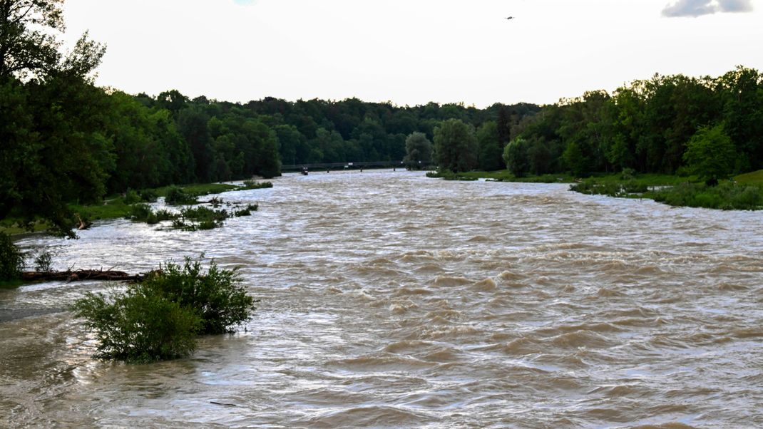 Die Isar mit hohem Wasserstand, aufgenommen auf der Höhe der Tierparkbrücke. 