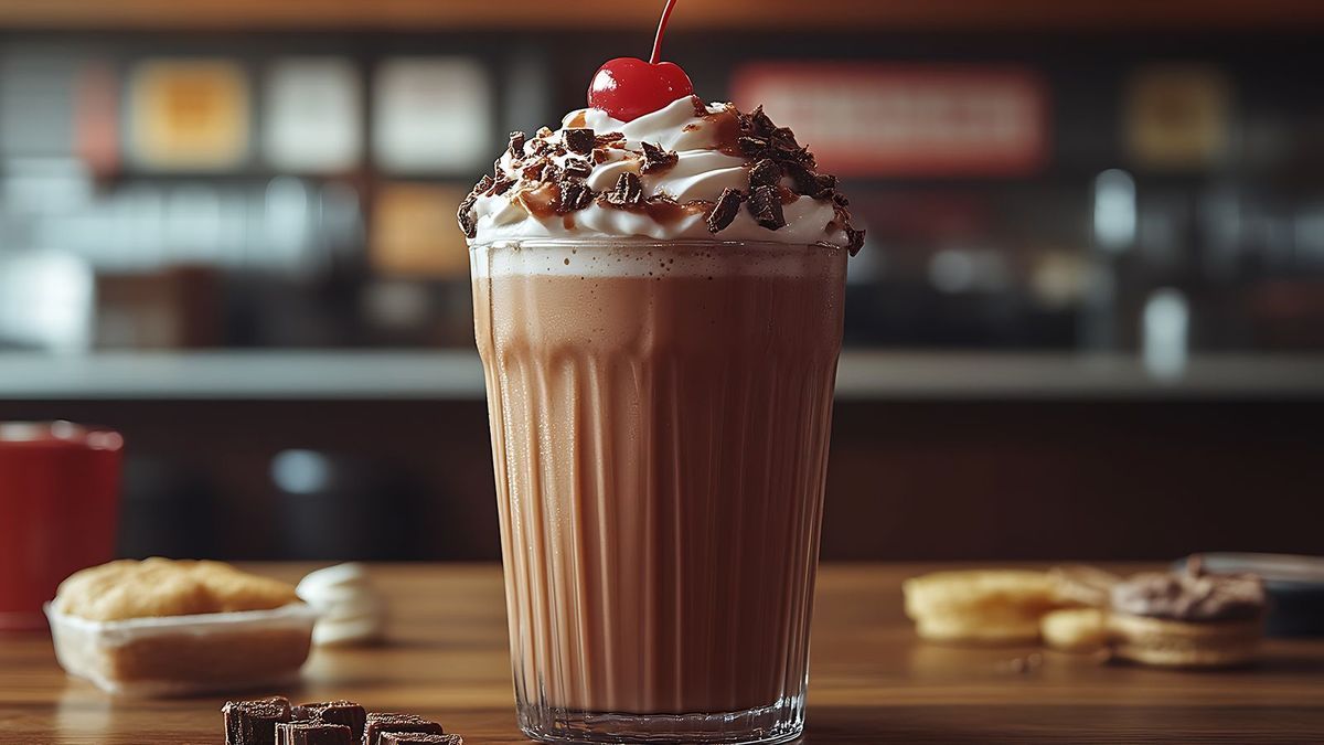 Chocolate milkshake with whipped cream and cherry. - KI