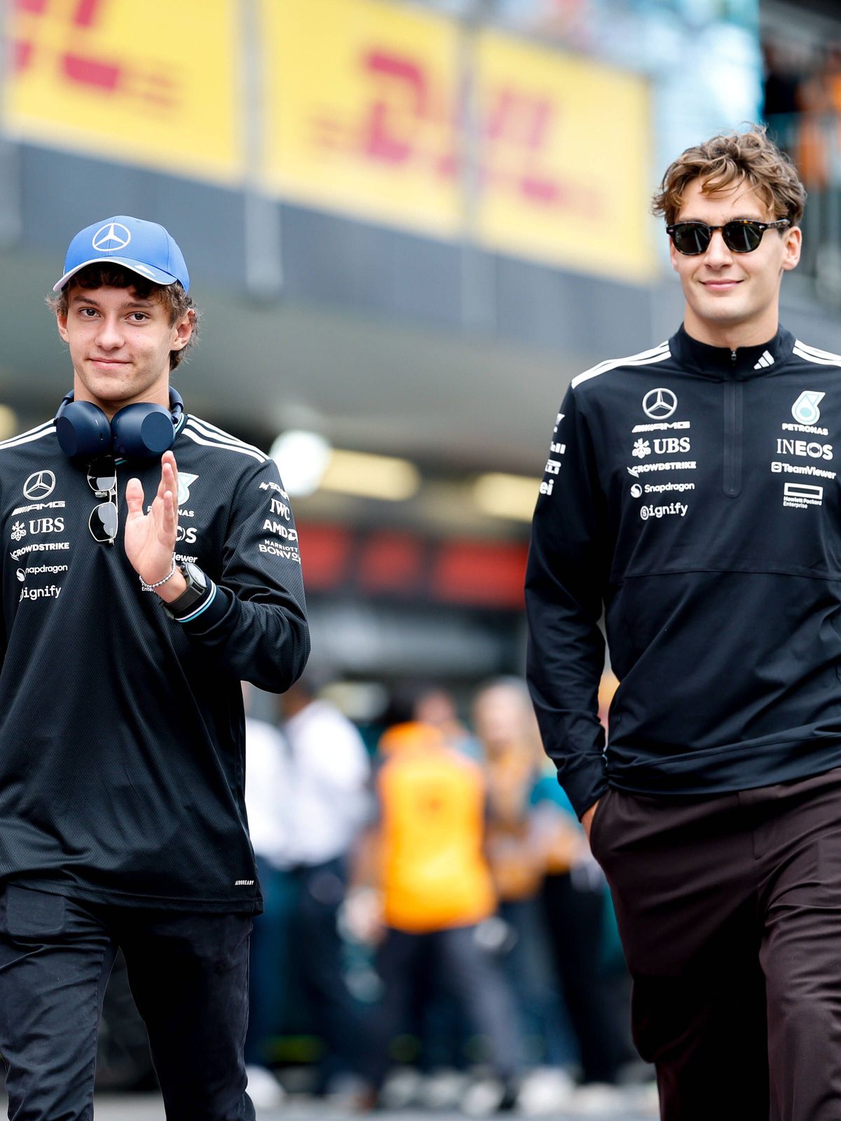 F1 - AZERBAIJAN GRAND PRIX 2025 KIMI ANTONELLI Andrea (ita), Mercedes AMG F1 Team W16, portrait and RUSSELL George (gbr), Mercedes AMG F1 Team W16, portrait during the 2025 Formula 1 Qatar Airways ...