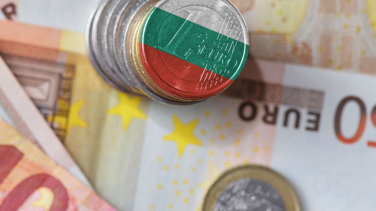 euro coin with national flag of bulgaria on the euro money banknotes background