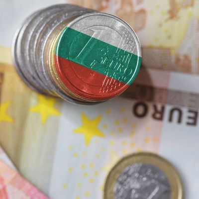 euro coin with national flag of bulgaria on the euro money banknotes background