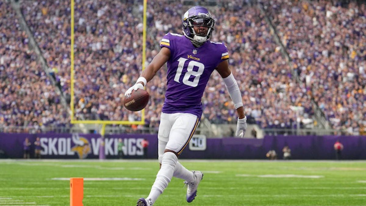 <b>Platz 1: Justin Jefferson (Minnesota Vikings)</b><br>- 25 Jahre<br>- Wide Receiver<br>- Statistiken 2023: 68 Catches, 1.074 Receiving Yards, 5 Touchdowns