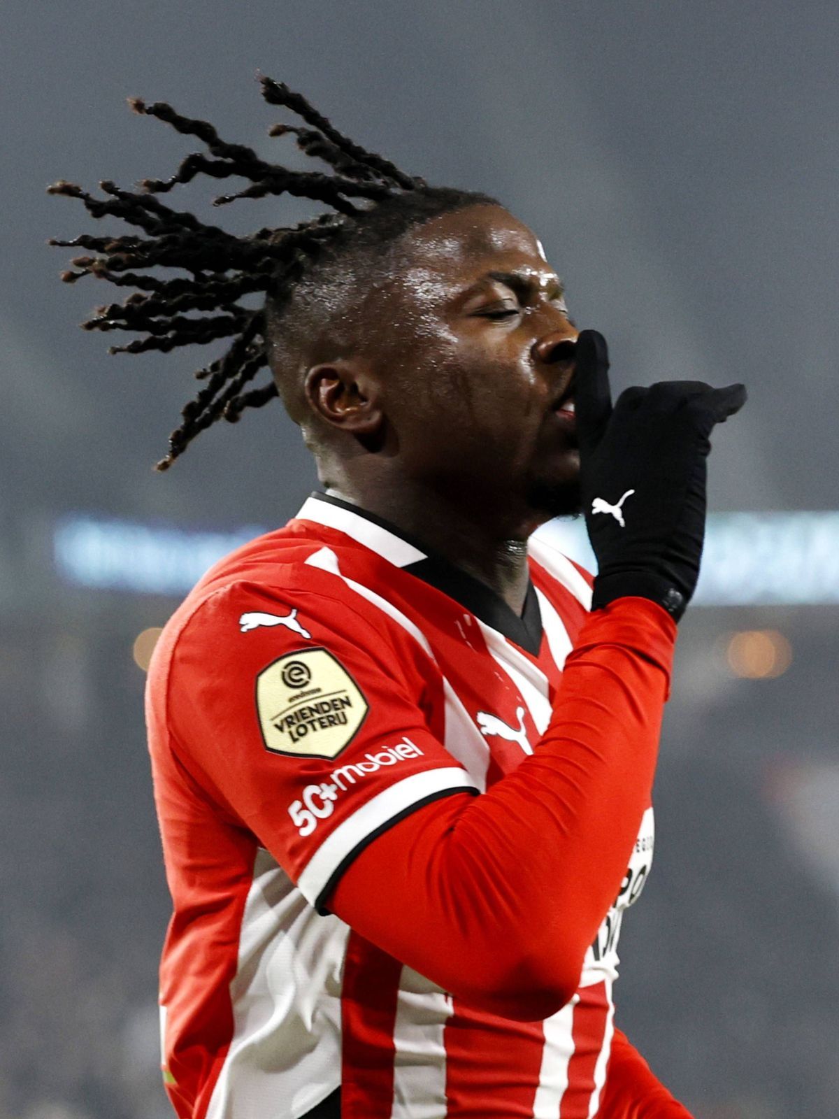 EINDHOVEN - Johan Bakayoko of PSV Eindhoven celebrates the 1-0 (disallowed) during the KNVB Beker match between PSV Eindhoven and Excelsior Rotterdam at Phillips Stadium on Jan. 14, 2025 in Eindhov...