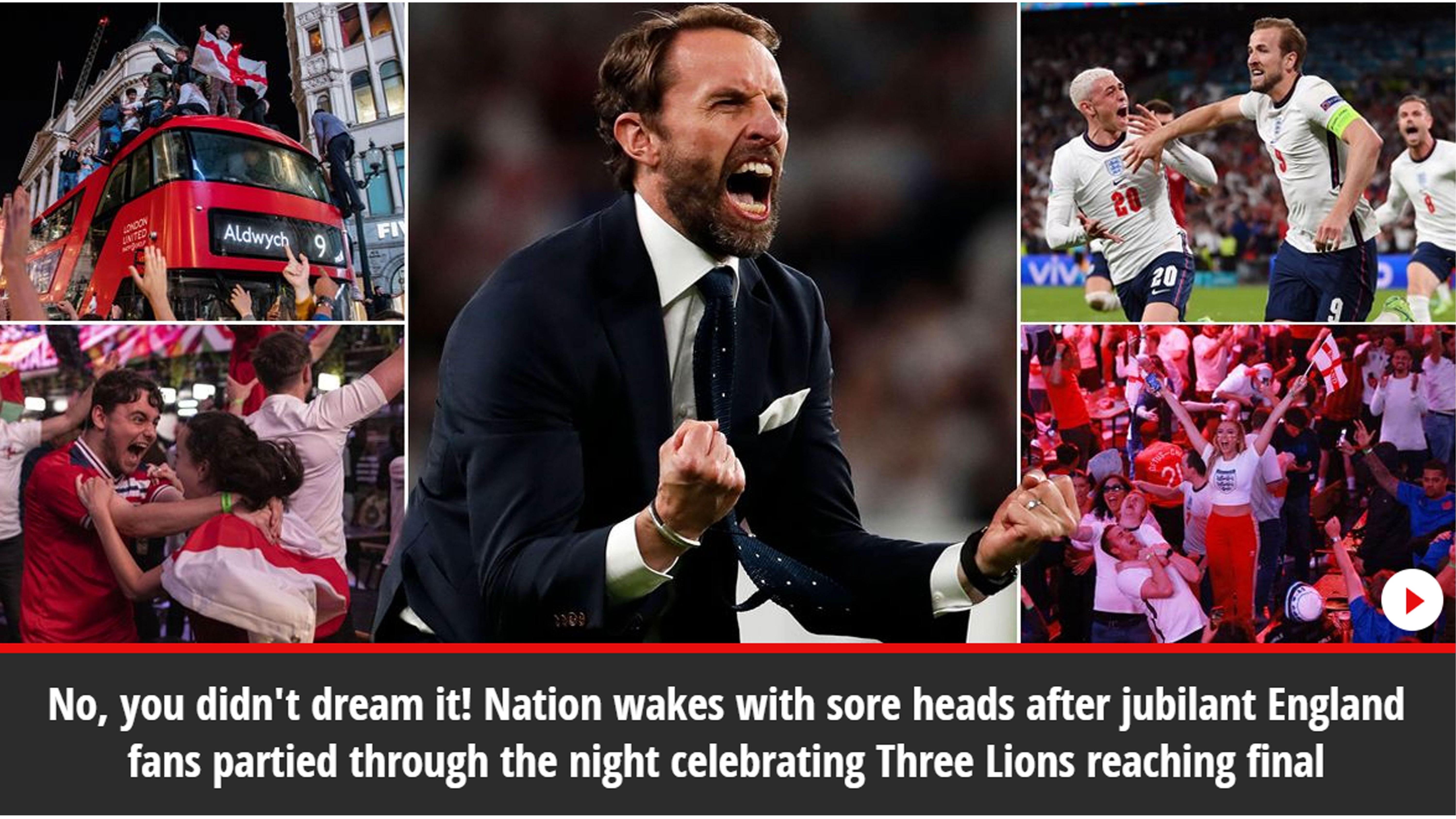 
                <strong>The Mirror: "Nein, ihr habt es nicht geträumt"</strong><br>
                Nun doch nicht geträumt? Eines steht fest: "Eine ganze Nation wacht mit Kopfschmerzen auf, nachdem Englands Fans, die ganze Nacht den Finaleinzug der Three Lions gefeiert haben".
              