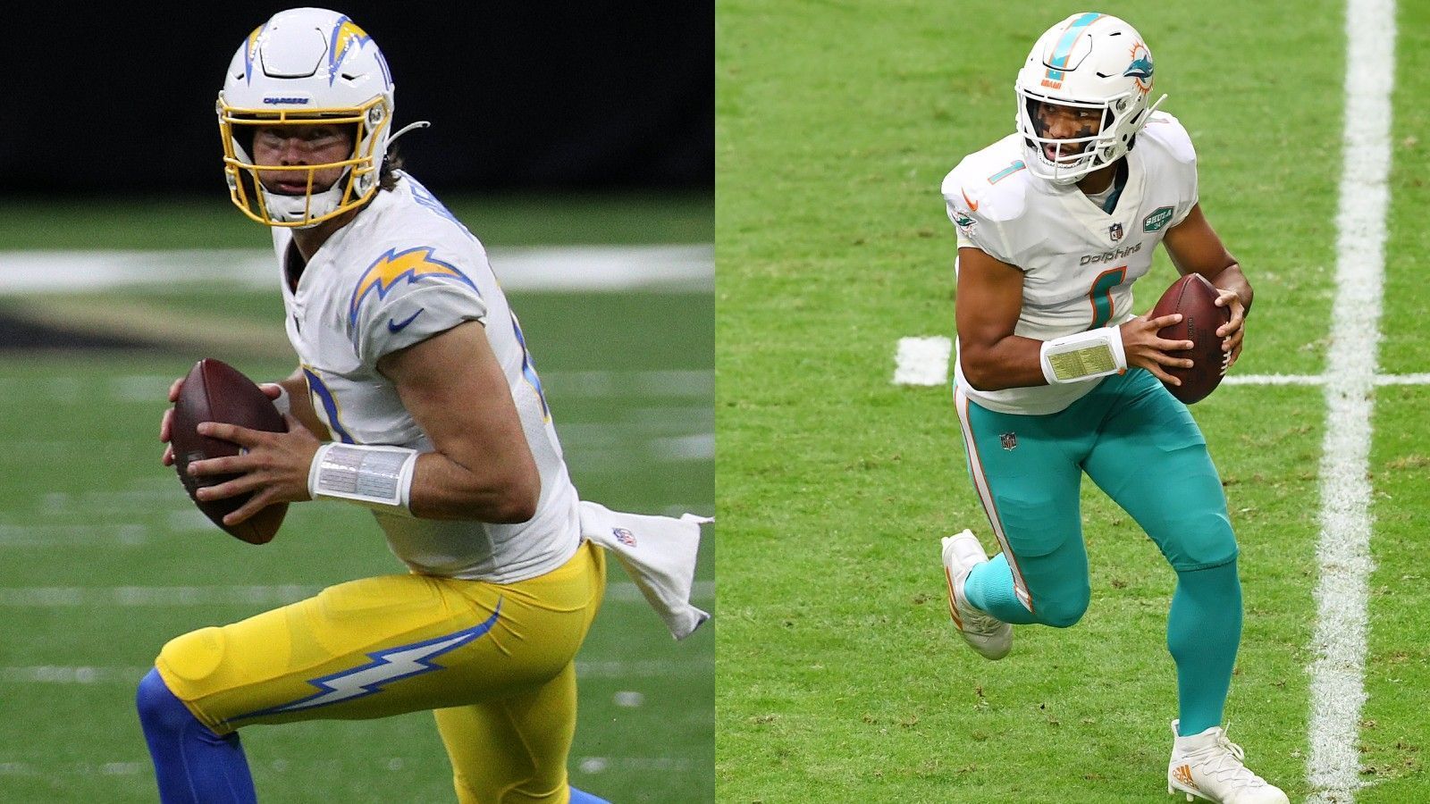 
                <strong>Justin Herbert (Chargers) vs. Tua Tagovailoa (Dolphins)</strong><br>
                Wird dieses Duell eines der prägenden in den kommenden Jahren in der NFL? Am Sonntagabend treffen erstmals Chargers-Quarterback Justin Herbert und Dolphins-Spielmacher Tua Tagovailoa aufeinander. Beide wurden im Draft 2020 ausgewählt, beide sind Hoffnungsträger ihrer Franchise. ran.de vergleicht die beiden QB-Rookies.
              