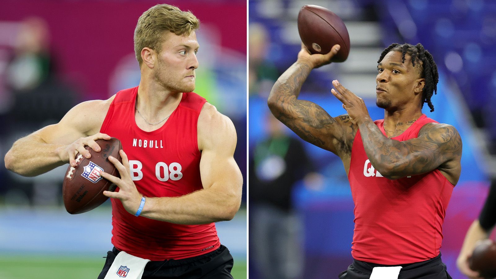 
                <strong>Überraschen die Panthers alle?</strong><br>
                Die zwei weiteren Quarterback-Talente in der ersten Runde: Will Levis (l.) und Anthony Richardson. Laut "The Athletic" sollen die Panthers zwar vom Talent von Richardson überzeugt sein, aber es reiche nicht, um ihn so hoch zu draften. Von Levis hingegen gilt Besitzer David Tepper als Fan. Einigen Berichten zufolge sollen die Panthers sogar nicht sicher sein, überhaupt den Quarterback an erster Stelle zu nehmen. Es gelte nicht als wahrscheinlich, aber Panthers-Beatwriter Joe Person brachte die Option auf, dass Carolina sogar wieder nach unten traden könnte, um einen der übrig gebliebenen Quarterbacks zu nehmen.
              