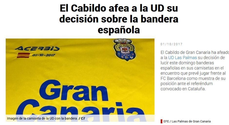 
                <strong>Kanarische Regierung kritisiert Las Palmas</strong><br>
                Wie stark Sport und Politik in diesem Fall zusammenhängen, beweisen beide Teams vor und während des Spiels. Las Palmas läuft mit einer spanischen Flagge auf den Trikots auf. Die Regierung der Kanarischen Inseln kritisiert dieses Vorgehen laut "Canarias7.es".
              