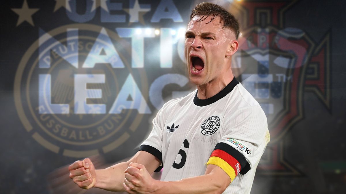 FOTOMONTAGE:Vorschau Fussball Nations League Final Four Halbfinale Deutschland (GER) - Portugal (POR) am 04.06.2025 , Fussball Arena Muenchen. Joshua KIMMICH (GER) bestreitet sein 100.Laenderspiel....