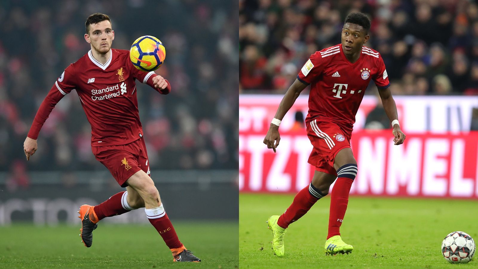 
                <strong>Linksverteidiger: Andrew Robertson vs. David Alaba</strong><br>
                Alaba und Robertson zählen zu den besten Linksverteidigern der Welt. Beide sind im idealen Fußballer-Alter, halten ihre Abwehrseite dicht, verfügen über Schnelligkeit und ein gutes Passspiel. Robertson war als Vorlagengeber zuletzt etwas effektiver, dafür ist Alaba mit seinen berüchtigten Schüssen aus der zweiten Reihe torgefährlicher. Auch ein Plus an internationaler Erfahrung spricht für den Österreicher, der knapp die Nase vorn hat. Zwischenstand: 4:2 Bayern 
              