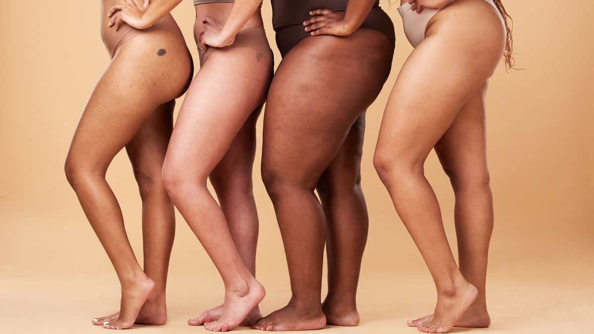 Diversity women, legs and different body and skin of group together for inclusion, beauty and power. Underwear model people on beige background with cellulite, pride and motivation for self love