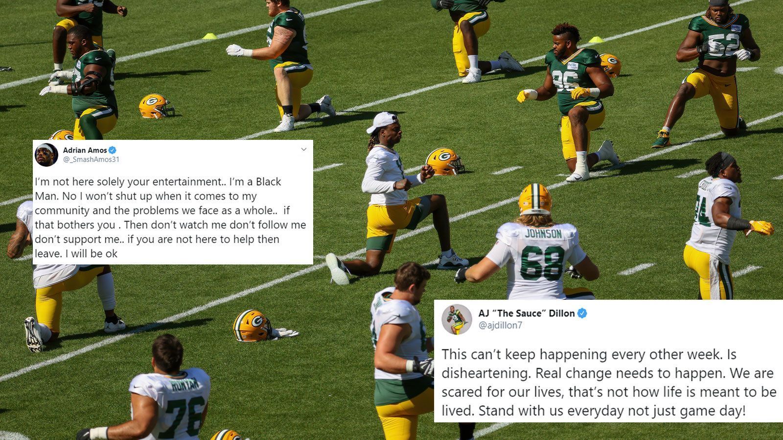 
                <strong>Green Bay Packers</strong><br>
                "Wir haben Angst um unser Leben, so sollte man ein Leben nicht leben müssen", erklärte Packers-Rookie A.J. Dillon auf Twitter. Pro Bowler Adrian Amos fand ähnlich klare Worte: "Ich bin nicht alleine für eure Unterhaltung hier. Ich bin ein schwarzer Mann." Er werde sich auch weiterhin für seine Mitmenschen und deren Probleme starkmachen, auch wenn dies vielen nicht gefallen würde, führte der Safety weiter aus. "Haut ab, wenn ihr nicht helfen." Die Franchise aus dem Bundesstaat Wisconsin, in dem auch die Stadt Kenosha liegt, verzichtete ebenfalls auf ihre Trainingseinheit.
              