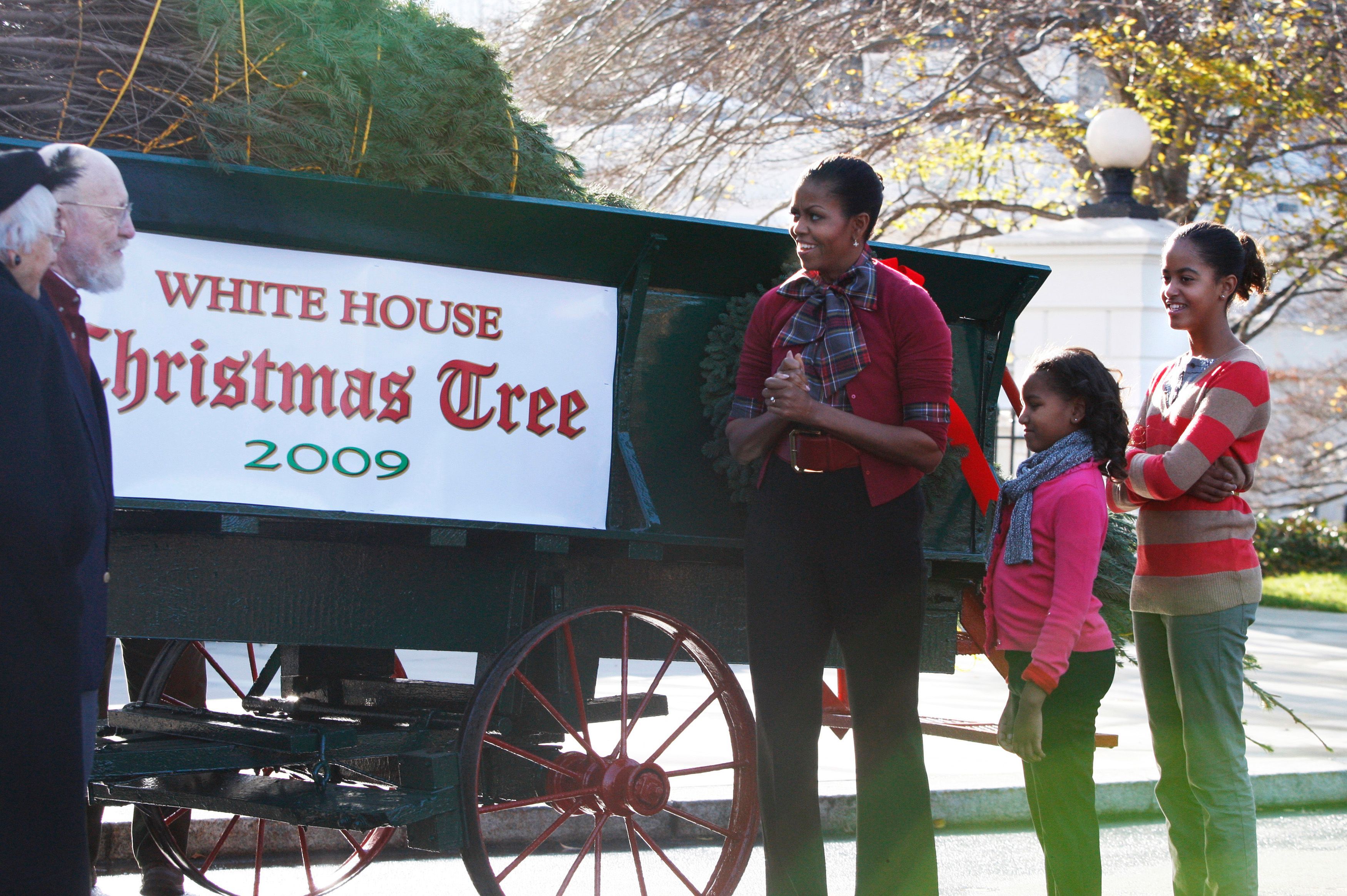 Neue Bewohnerinnen nehmen den Weihnachtsbaum 2009 in Empfang: Michelle Obama mit ihren Töchtern Malia und Sasha.