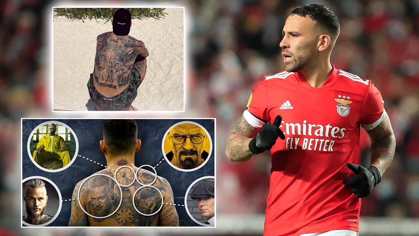 
                <strong>Nicolas Otamendi</strong><br>
                Benfica-Star Nicolas Otamendi dürfte ein ziemlicher Serien-Junkie sein. Der Argentinier hat nämlich seine offensichtlichen Lieblingsserien als gigantisches Rücken-Tattoo und dieses Kunstwerk nun auf seinem Instagram-Profil der Öffentlichkeit präsentiert. Auf Otamendis Rücken sind nun unter anderem Charaktere der Serien "Breaking Bad", "Peaky Blinders" sowie von "Prison Break" zu sehen.
              