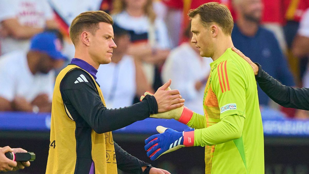 Manuel NEUER, DFB 1 goalkeeper, sad, Marc-Andre ter STEGEN, DFB 22 after the quarter final match GERMANY - SPAIN 1-2 of the UEFA European Championships 2024 on Jul 5, 2024 in Stuttgart, Germany.