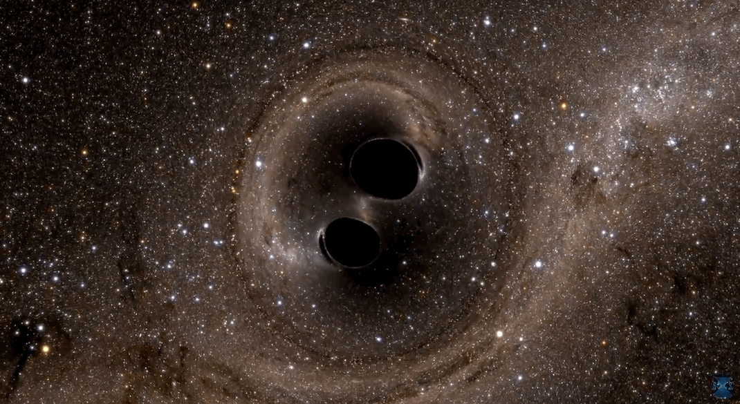 Illustration von zwei schwarzen Löchern, die verschmelzen und dabei Gravitationswellen aussenden