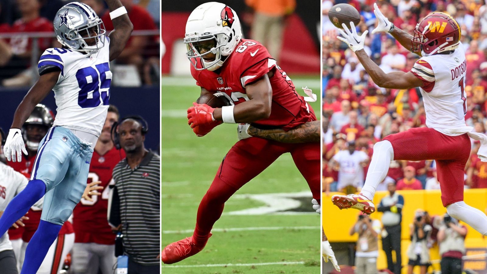 
                <strong>Gewinner: Die überraschend starken No-Name-Receiver</strong><br>
                Fantasy-Football-Spieler (HIER beim ran Fantasy Manager anmelden) kennen es: Als erstes stürzt man sich auf die Top-Receiver und Top-Running-Backs und später muss man schauen, was übrig bleibt. Wie Woche eins zeigte, sind erstaunlich viele starke Receiver unterwegs, mit denen vorher niemand gerechnet hatte. Trotz des fürchterlichen Auftritts der Dallas Cowboys machte Noah Brown (li.) mit fünf Catches und 68 Yards auf sich aufmerksam. Gleiches gilt für Greg Dortch (mi.) von den Arizona Cardinals (sieben Catches für 63 Yards). Die beste Performance der drei hatte jedoch Jahan Dotson von den Washington Commanders (re.), er fing drei Bälle für 40 Yards und zwei Touchdowns. Diese Receiver sind ein Blick auf den Waiver Wire wert.
              