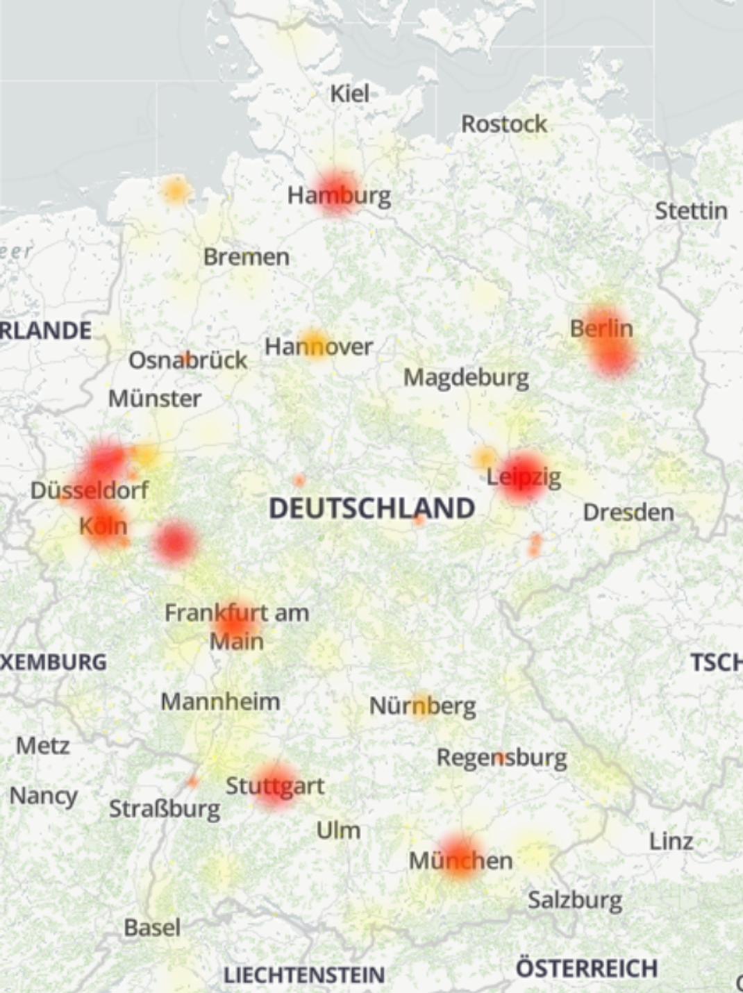 Die Karte zeigt, wo sich Probleme mit der Telekom in den letzten 24 Stunden häuften.