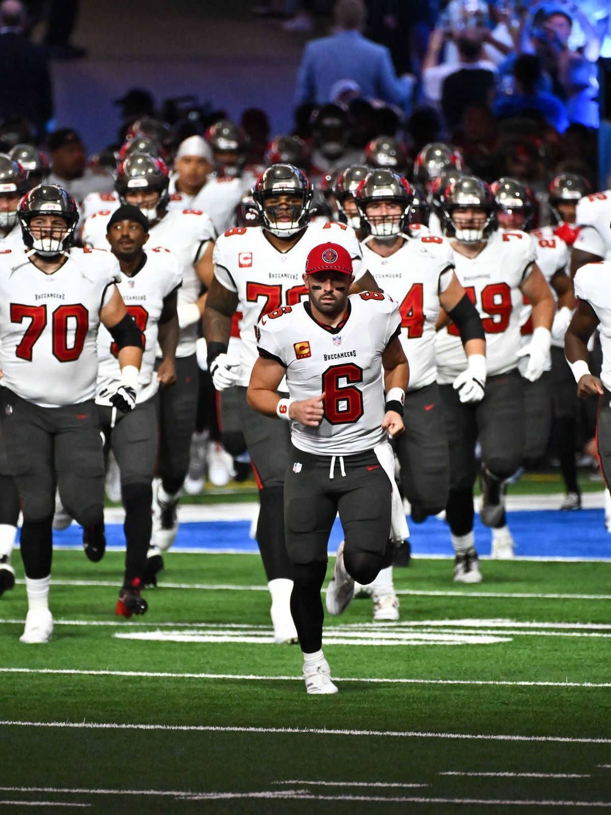 DETROIT, MI - SEPTEMBER 15: Tampa Bay Buccaneers quarterback Baker Mayfield (6) leads the team onto the field prior to the Detroit Lions versus the Tampa Bay Buccaneers game on Sunday September 15,...