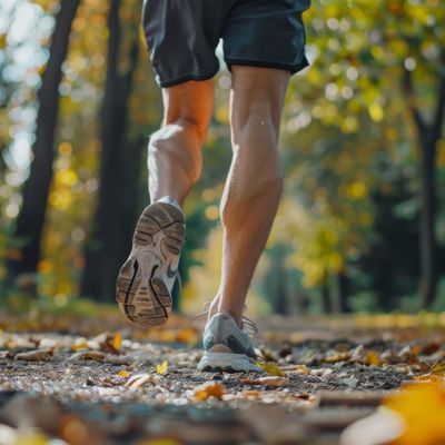 Man's legs, clad in sports shoes, jogging in the park from a rear perspective.