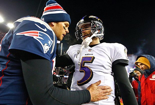 
                <strong>Baltimore Ravens vs. New England Patriots</strong><br>
                Da bleibt Joe Flacco trotz einer hervorragenden Leistung nur die Gratulation für seinen Gegenüber. Mit seinen drei Touchdown-Pässen überholt Brady mit 46 Pässen Brett Favre (44) und Joe Montana (45) an der Spitze der Rekordhalter für Touchdown-Pässe in der Postseason.
              