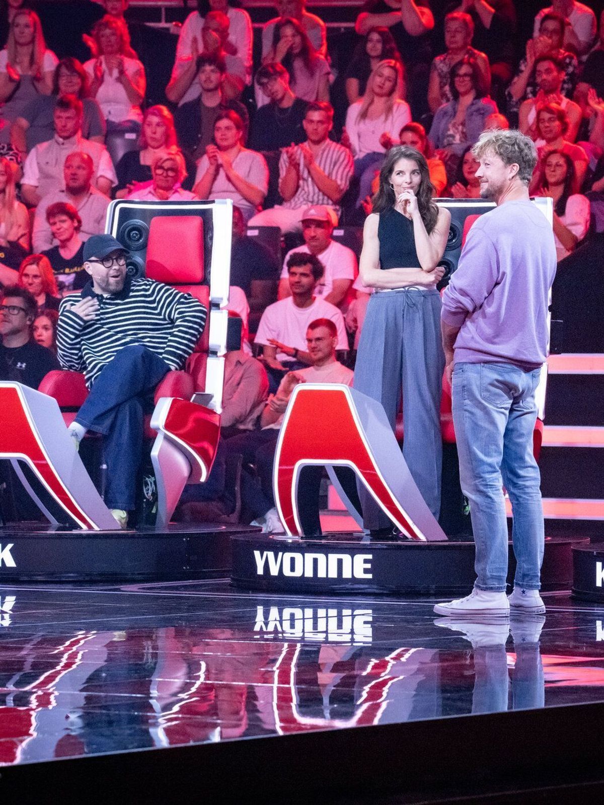 Die Coaches Mark Forster, Yvonne Catterfeld, Samu Haber und Kamrad bei den Teamfights bei "The Voice of Germany" 2024