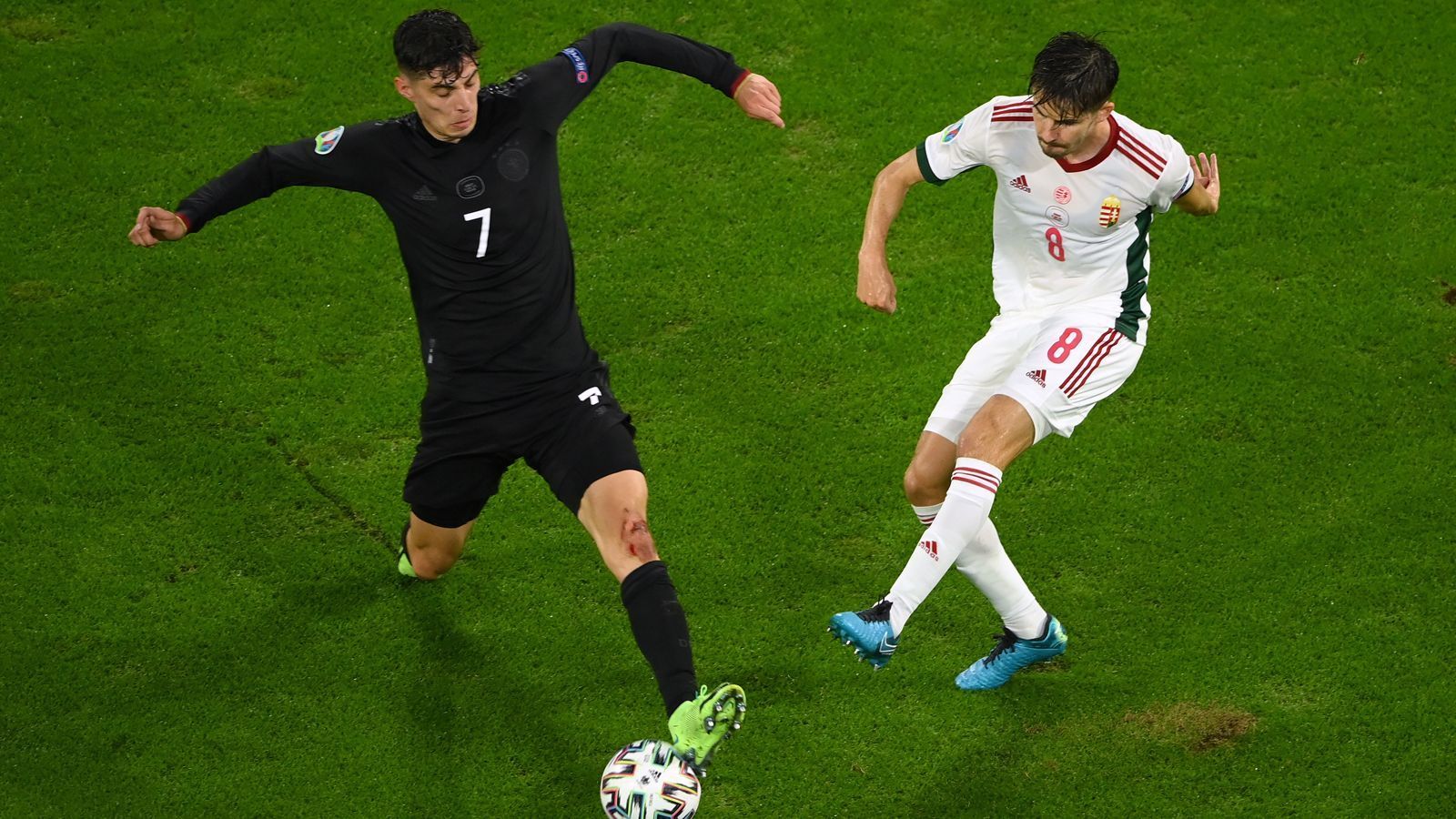 
                <strong>Kai Havertz</strong><br>
                Wo ist Havertz? Der Champions-League-Sieger vom FC Chelsea hat in der deutschen Offensive kaum Ballkontakte und wirkt in seinen wenigen, halbwegs auffälligen Szenen bemüht, aber komplett glücklos. Muss in der 66. Minute nach einem Torwartfehler des ungarischen Keepers Peter Gulacsi nur noch aus kurzer Distanz zum 1:1 einnicken. Sein Torriecher ist also nicht weg zu diskutieren. Immerhin. Note: 4
              