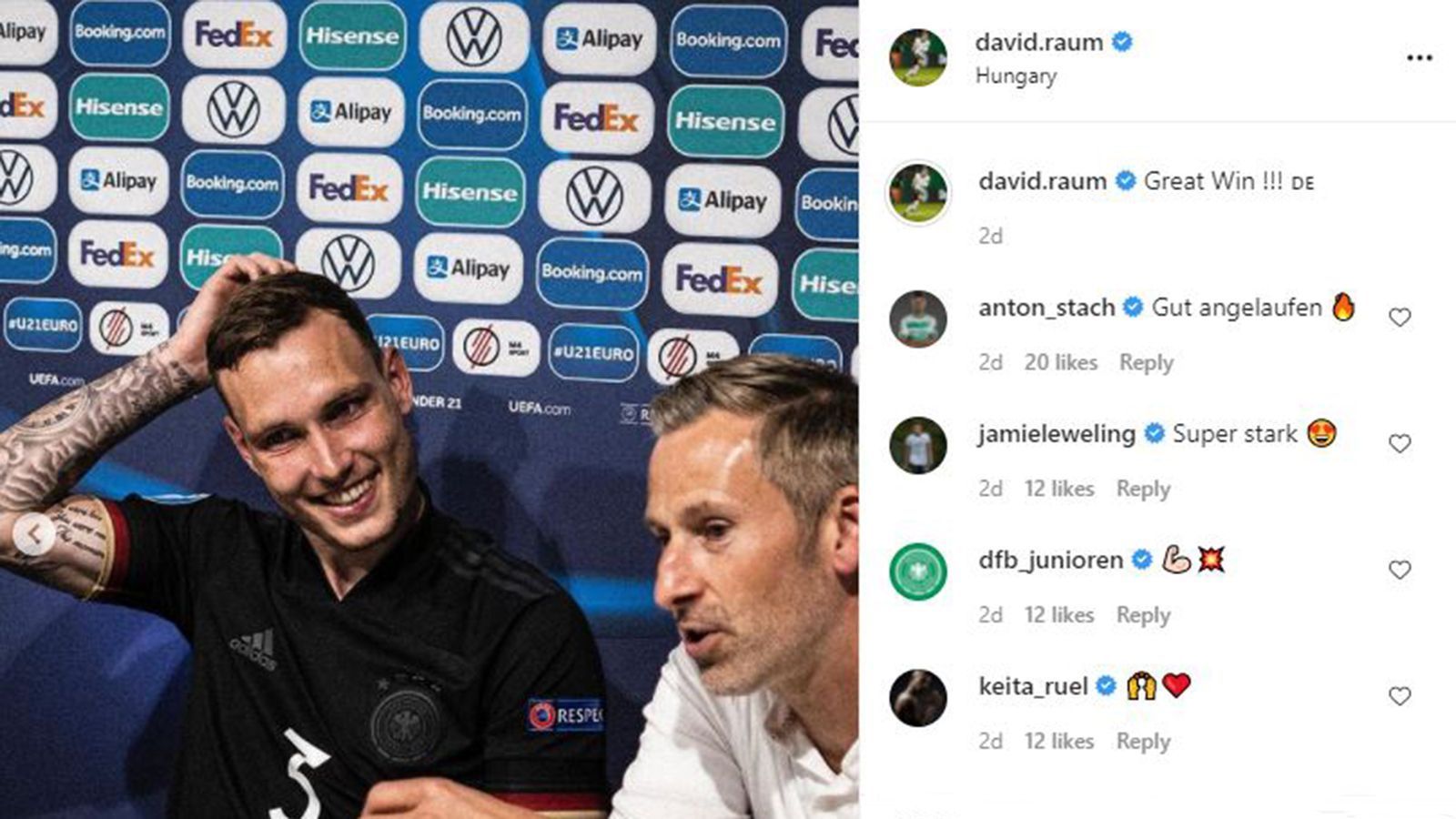 
                <strong>EM-Finale! Die Partybilder der deutschen U21</strong><br>
                Flügelwaffe David Raum sieht so aus, als bräuchte er noch einen Moment, um zu begreifen, was da gerade passiert ist. Der künftige Hoffenheimer lieferte wieder einmal ein tolles Spiel ab und präsentiert sich vor dem Endspiel als einer der wichtigsten Akteure der deutschen Mannschaft.
              