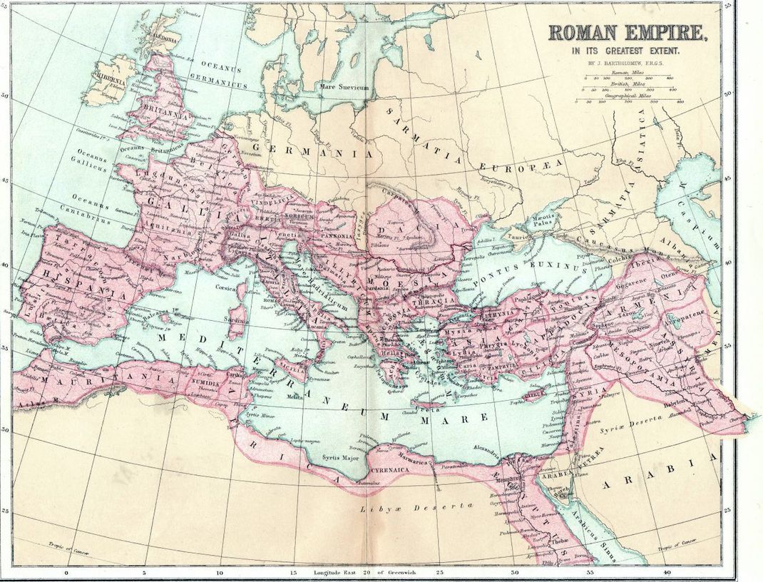 Das Römische Reich in seiner größten Ausdehnung zur Zeit Kaiser Trajans.
