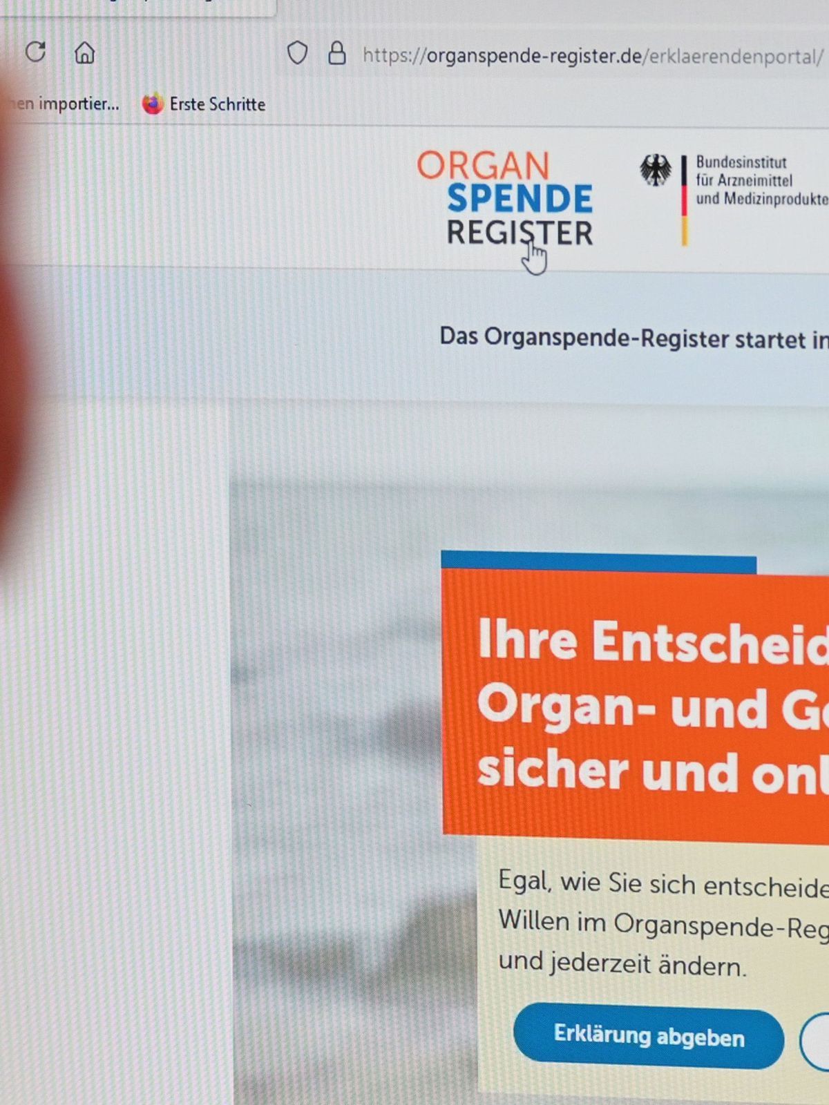 Das Online-Portal zur Registrierung zur Organspende