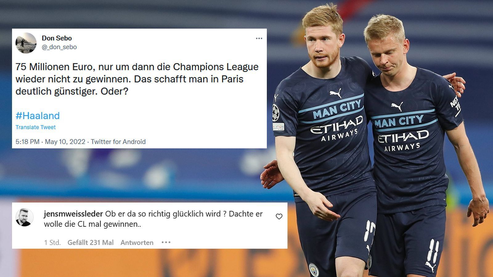 
                <strong>"Dachte, Haaland wolle mal die Champions League gewinnen"</strong><br>
                Bei manch einem User stößt die Entscheidung Haalands auf Unverständnis. Dass das Ausnahmetalent eines Tages die Champions League gewinnen möchte, steht außer Frage. Ob das in Manchester jedoch klappt, bezweifelt der ein oder andere in den sozialen Medien (scherzhaft). "Ob er da so glücklich wird? Dachte, er wolle mal die CL gewinnen". Ein anderer Twitter-User verteilt gleich noch einen Seitenhieb an Paris Saint Germain: "75 Millionen, nur um dann die Champions League wieder nicht zu gewinnen. Das schafft man in Paris deutlich günstiger. Oder?"
              