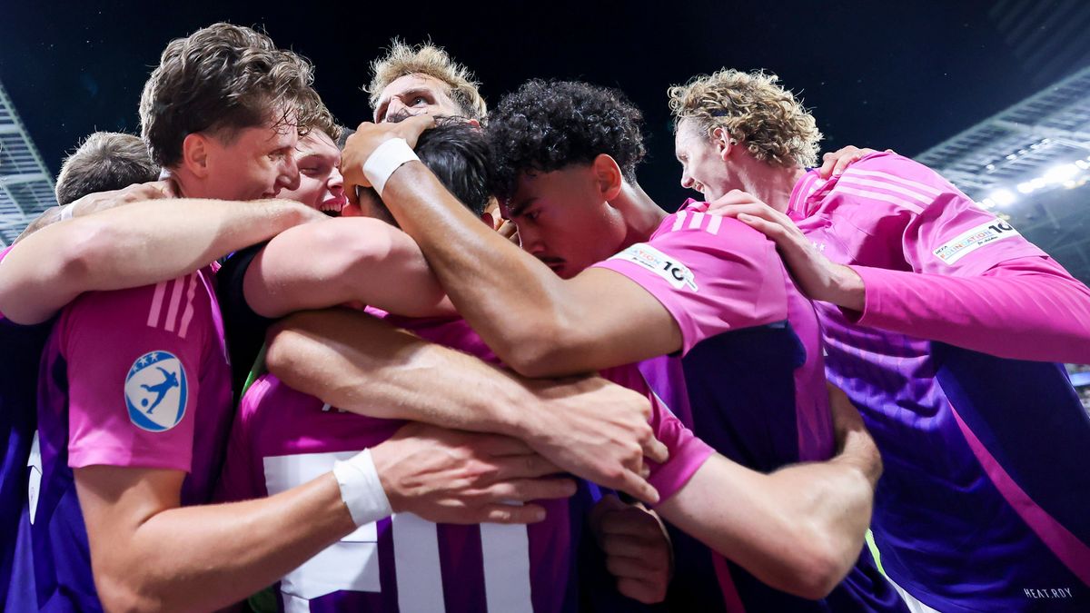 Paul Nebel (Germany) bejubelt seinen Treffer zum 2:2 mit Tim Oermann (Germany), Nathaniel Brown (Germany) und Nick Woltemade (Germany), UEFA European Under-21 Championship 2025 Final, England v Ger...