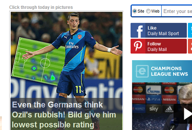 
                <strong>Daily Mail</strong><br>
                Die Engländer schießen sich auf Mesut Özil ein. Der deutsche Weltmeister tauchte bei der Niederlage völlig ab. Seine beste Szene hatte er, als er Lukas Podolski seinen Schienbeinschoner geliehen hat.
              