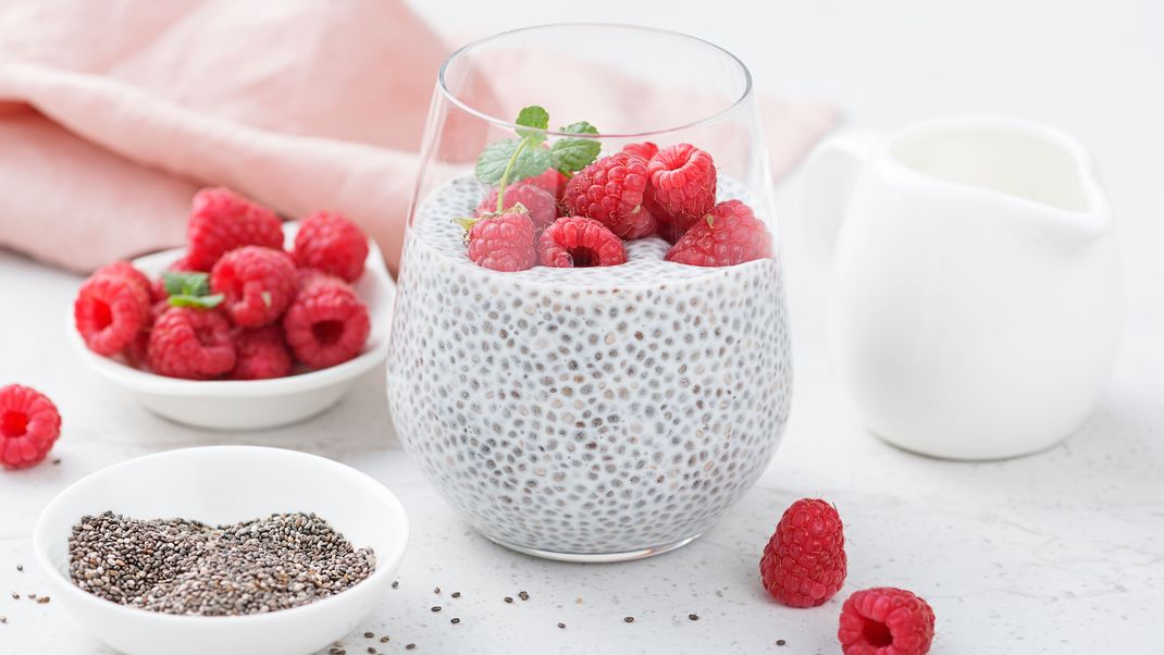 Chia Pudding mit Früchten ist ein sehr beliebter Snack.