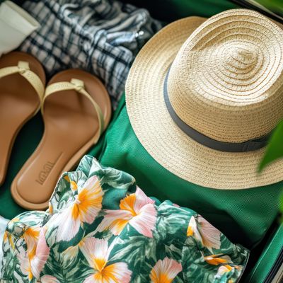 Green suitcase packed with summer clothes ready for a tropical vacation