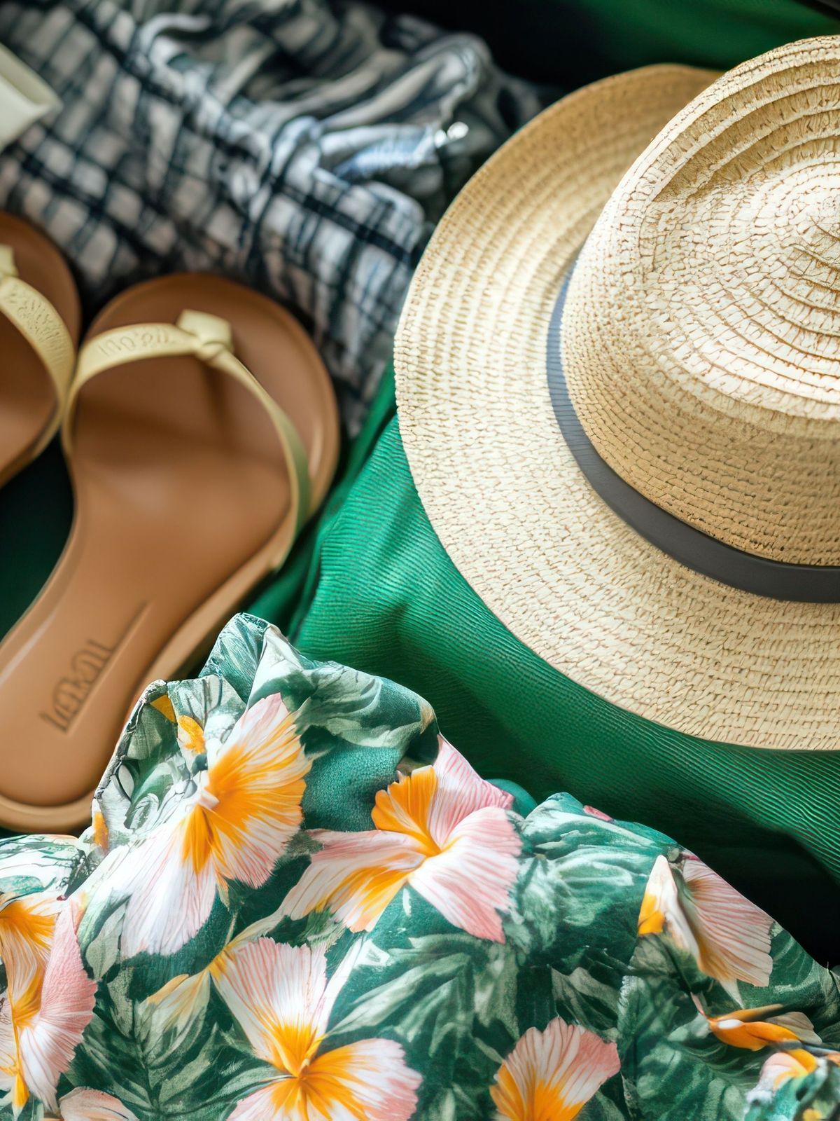 Green suitcase packed with summer clothes ready for a tropical vacation