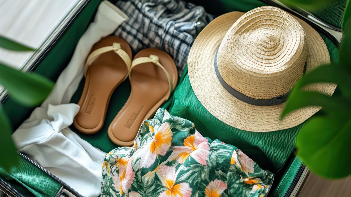 Green suitcase packed with summer clothes ready for a tropical vacation