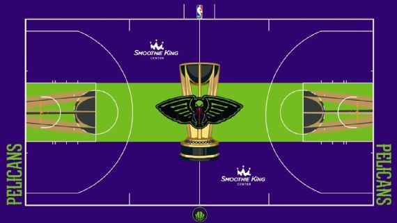 <strong>New Orleans Pelicans<br></strong>Bei den Pelicans im Smoothie King Center gibt es eine dunkelblau-grüne Kombination mit Wappen in der Mitte.